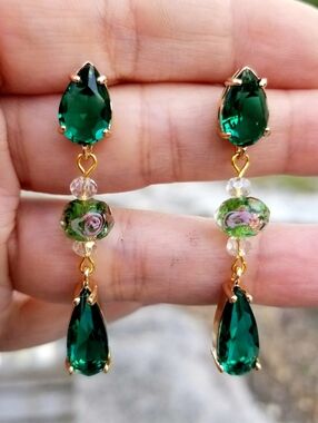 14k Gold Lampwork Glass Beaded Emerald Stud Dangle Earrings